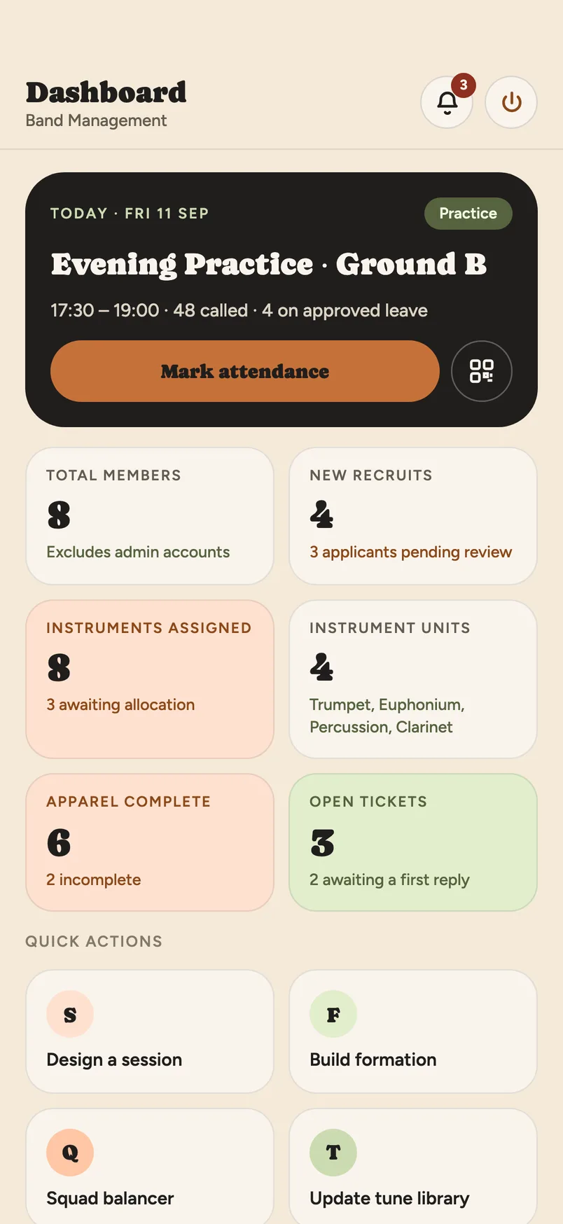 Band admin dashboard on a phone: today's practice, member counts, instruments and quick actions